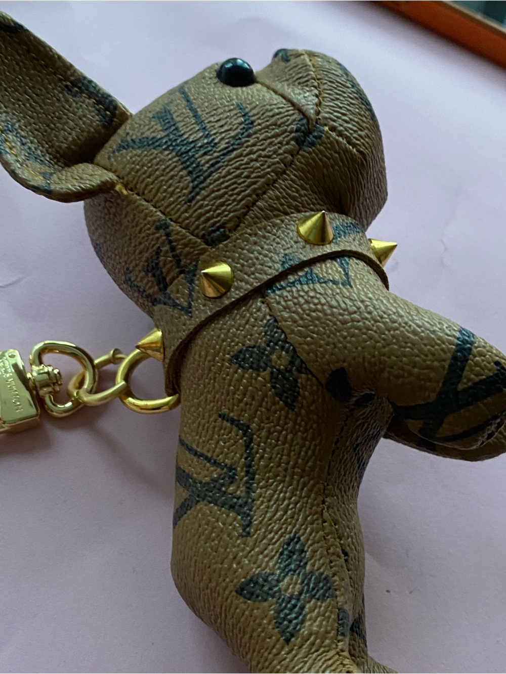 Unbranded Brown Monogram Puppy Keychain with Gold-Tone Studs